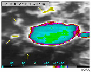 A GOES-8 10.7 micron longwave infrared channel image highlighting thinner cirrus surrounding a cumulonimbus cloud top