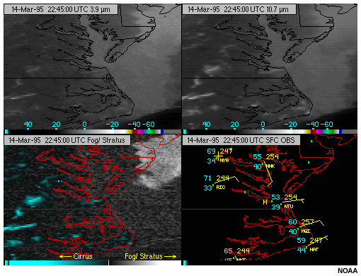A four-panel animating composite showing GOES-8 3.9 micron, 10.7 micron, derived fog/stratus product, and surface observation images