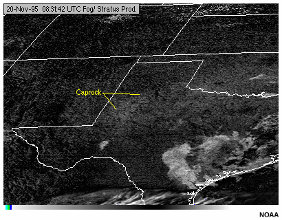A GOES-8 fog product animation showing false fog signatures resulting from surfaces characterized by low emissivity