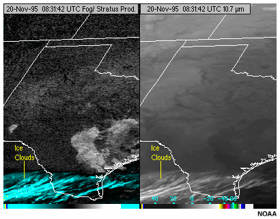 An animation of the GOES-8 fog product and 10.7 micron channel imagery showing low-level fog, stratus, and cirrus cloud