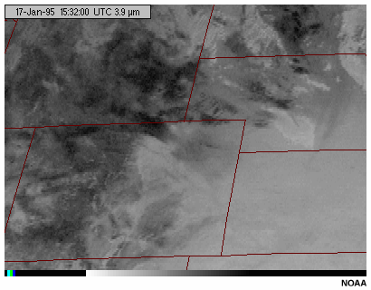 An animation of daytime GOES-8 3.9 micron imagery highlighting poorly reflective cirrus and snow, and highly reflective fog and stratus water clouds