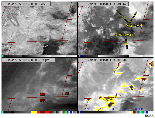 A four panel composite of GOES-8 visible, 3.9 micron, 6.7 micron and 10.7 micron images showing what tools help discriminate cirrus from snow cover during daytime