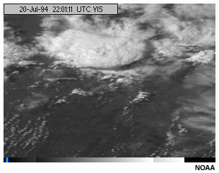 TThis animation shows a GOES-8 visible channel imagery loop with a standard grayscale enhancement applied to a thunderstorm.