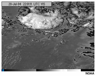This animation shows a GOES-8 visible channel imagery loop with higher brightness counts enhanced for a thunderstorm.