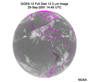 This image shows a full disk view of earth in the 13.3 micron channel.
