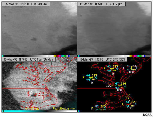 This image shows fog viewed with the GOES-8 3.9 micron shortwave infrared channel during nighttime