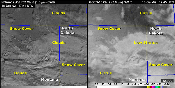 swir 1.6- and 3.9-micrometer channel over Montana and North and South Dakota  with annotations showing clouds and snow cover