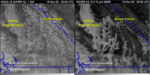 Vis and ISWRWIN 11-micrometer side-by-side images over the northcentral U.S. with annotations showing snow cover and low stratus clouds