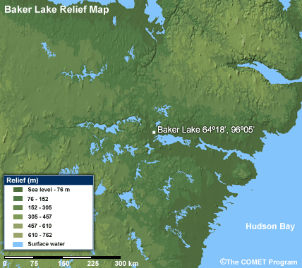 Relief map of the Baker Lake area in the Nunavut Territory of Canada. Courtesy of Natural Resources Canada.