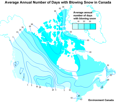 Map of Canada showing regions with differing average annual number of days with blowing snow.