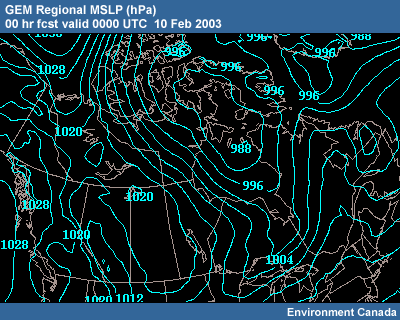 GEM Regional MSLP 00 hr fcst valid 0000 UTC 10 Feb 2003