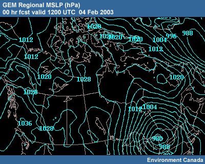GEM Regional MSLP 00 hr fcst 1200 UTC�04 Feb 2003