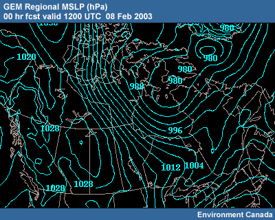 GEM Regional MSLP 00 hr fcst 1200 UTC�08 Feb 2003