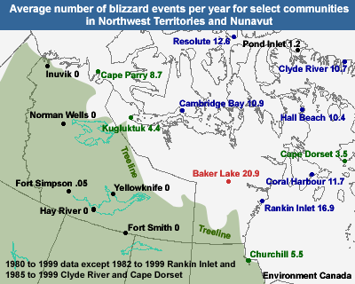 Map of Canada showing  the average number of blizzard events per year for select communities in Northwest Territories and Nunavut.