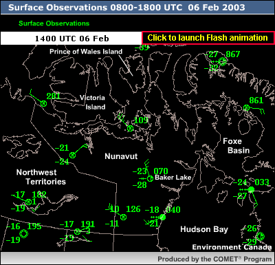 click to launch Flash animated data loop for Surface Observations for 0800-1800 UTC�06 Feb 2003