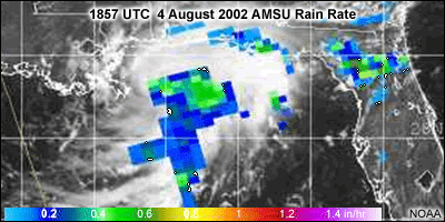 NOAA AMSU rain rate image for Hurricane Bertha