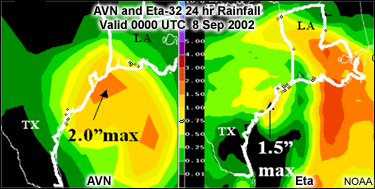 AVN and Eta rainfall totals for TS Fay