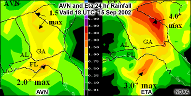 AVN and Eta rainfall amounts for Hurricane Hanna