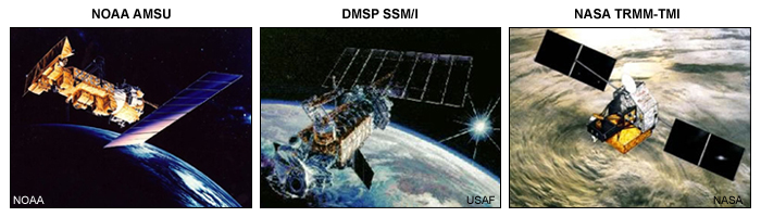 drawings of a NOAA, DMSP, and TRMM satellite