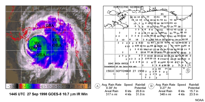 GOES-8 image of a hurricane and a hand drawn rainfall analysis from a microwave rain rate image