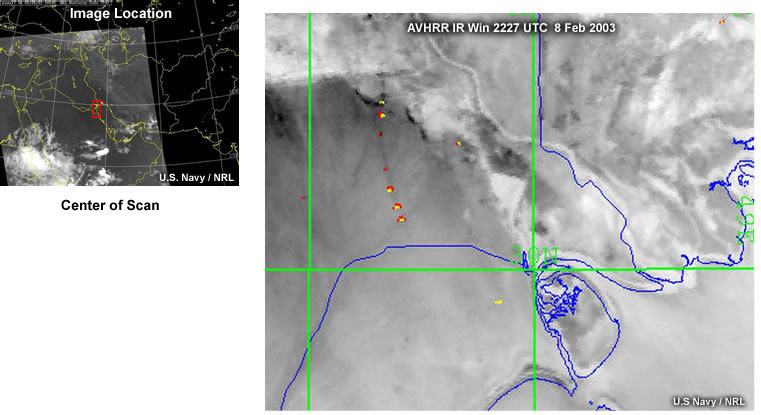 AVHRR visible image of the Persian Gulf region at near nadir showing gas flares