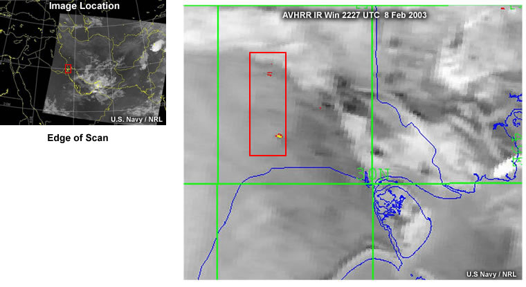AVHRR visible image of the Persian Gulf region at the edge of scan showing gas flares