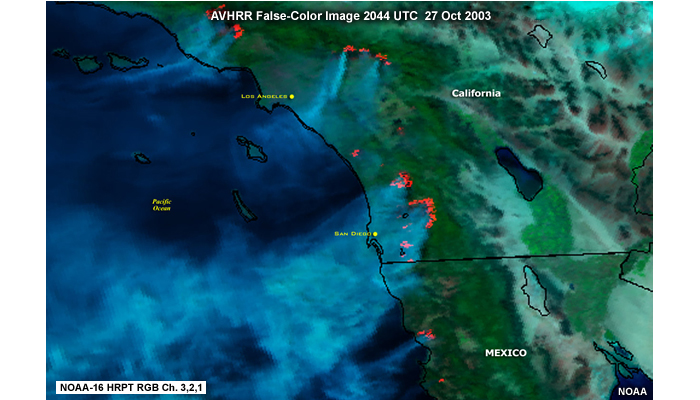 AVHRR  false-color imagery of fires over S. California and Mexico