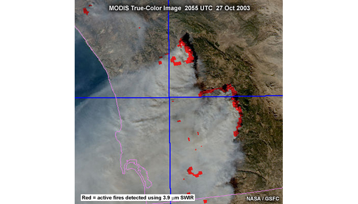 Zoom of MODIS true-color image of fires over S California