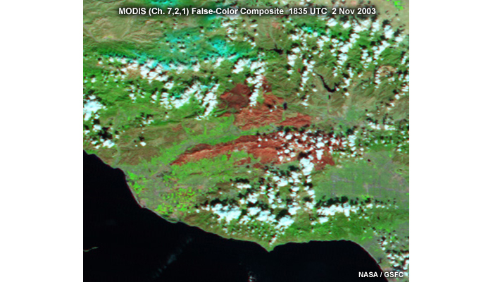 MODIS false-color image showing burn scars