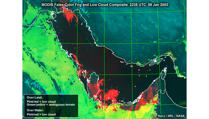 MODIS  false color fog/low stratus product at 000 m resolution of the Persian Gulf region