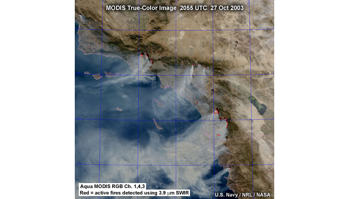 MODIS true-color image of fires over S California