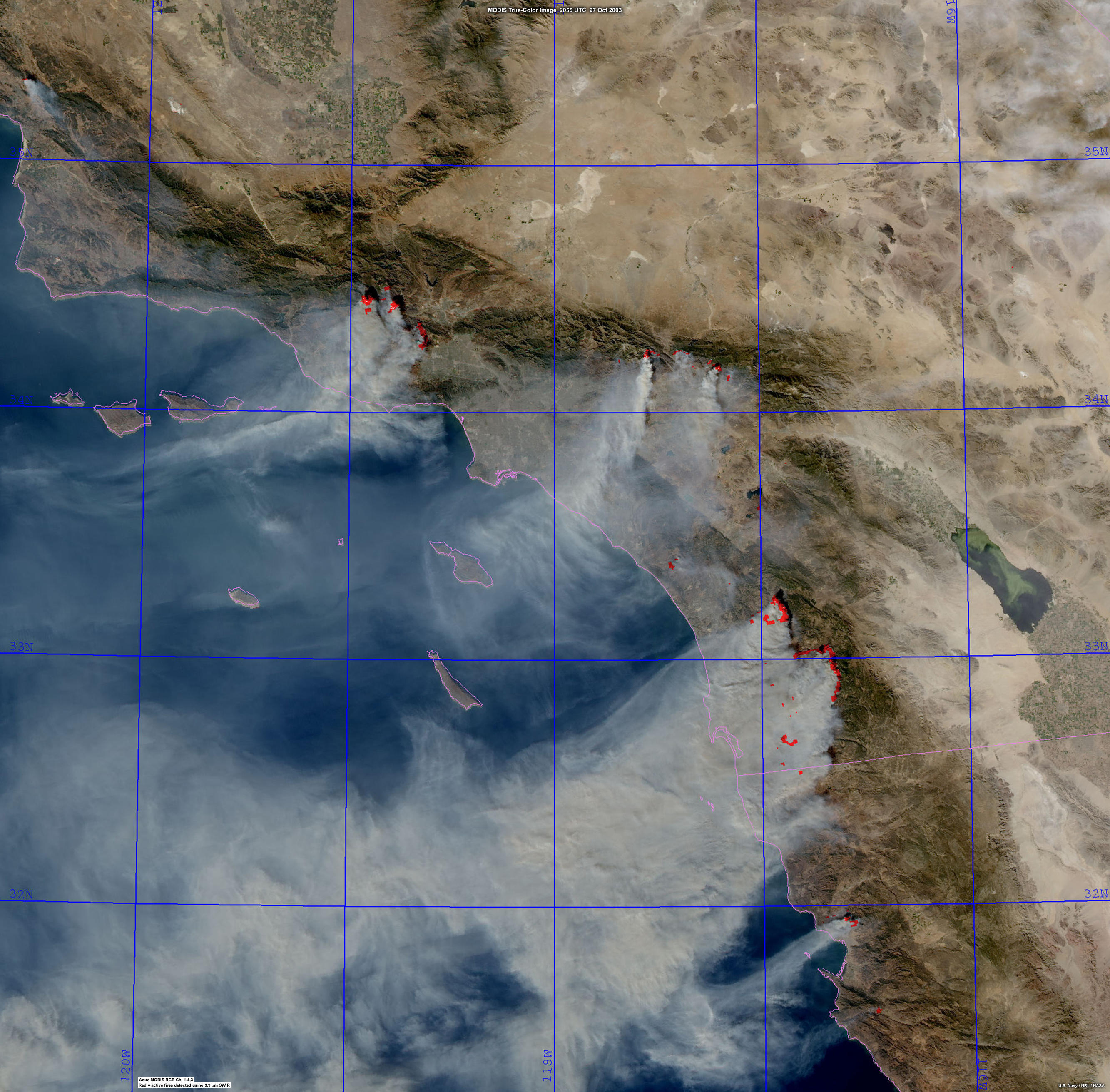 Modis depicting fires over southern California.