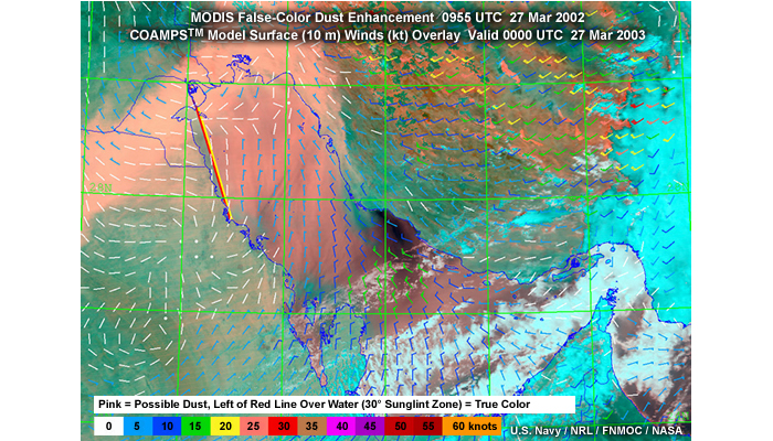 MODIS false-color image showing dust in pink withCOAMPS model  wind field overlay