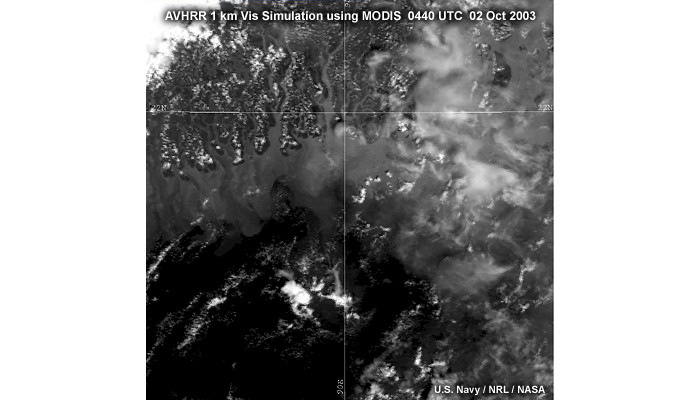 MODIS AVHRR simulation visible image at 1 km resolution of the Bangladesh coastine