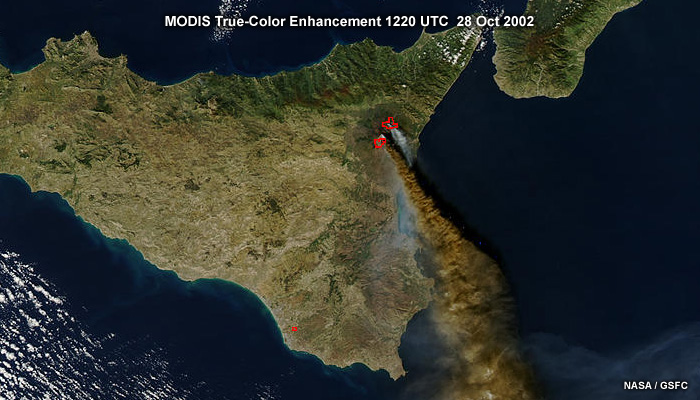  Zoom of  a MODIS  true-color visible  image with SWIR fire/hotspot product overlay at 500 m resolution of the volcanos and assciated ash plumes over Sicily