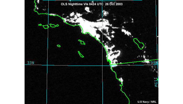 OLS nighttime visible image of fires and lights over S. California