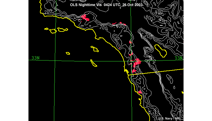 OLS Difference Image showing fires with terrain contour overlay