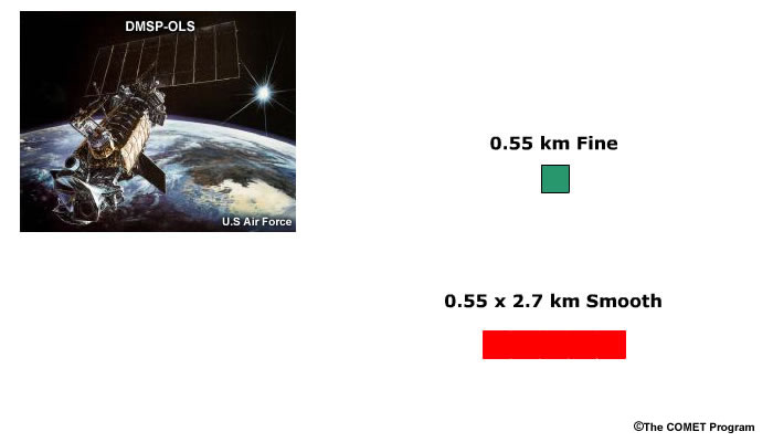 Graphic showing OLS satellite and the two resolutions available fine at 0.55 x 0.55 km and smooth   at 0.55 x 2.7 km