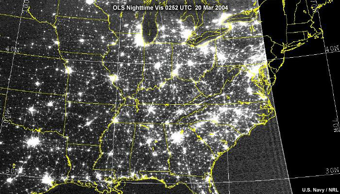 OLS nighttime visible image with no moon over US showing city lights