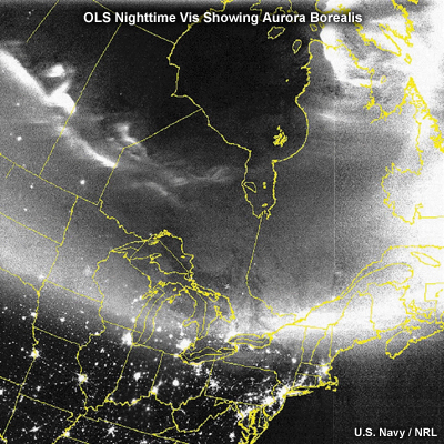 OLS nighttime visible image of Aurora Borealis over N.E. US and Eastern Canada