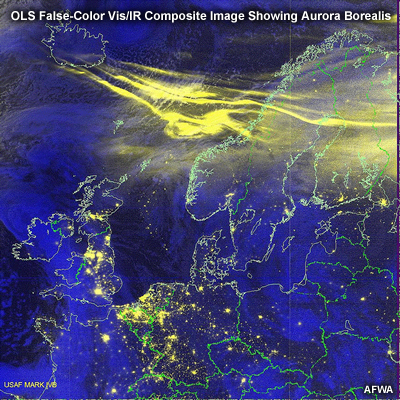 OLS bispectral (visible and IR window) composite image of Aurora Borealis over Northern Europe 