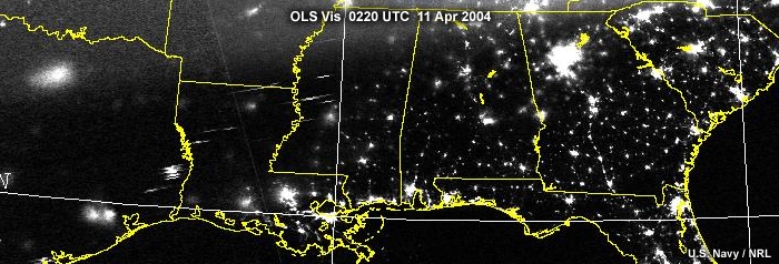 OLS nighttime visible image over the SE US with lights in Texas  and other central states partially obscured by clouds 