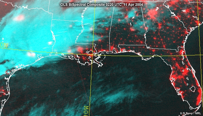 OLS Bispectral composite showing clouds over Texas ano other central states and city lights in the southeast U.S.