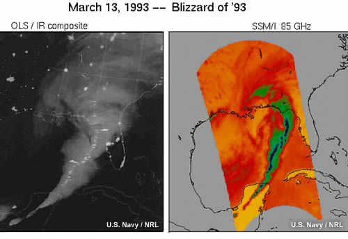 OLS nighttime visible image showing lightning strikes within a squall line associated with the Blizzard of 1993 on the East Coast of the U.S. and an SSM/I  85-GHz image of the same squall line showing cold temperatures associated with deep convection and heavy precipitation.