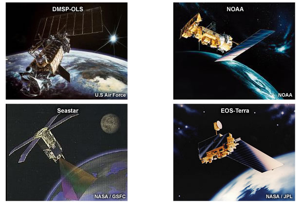 Four drawings of polar-orbiting satellites in orbit: DMSP,NOAA,