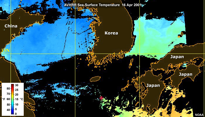 AVHRR Sea-Surface Temperature image near the Korean Peninsula