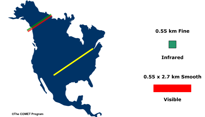 graphic showing  IR fine (0.55 x0.55 km) vs.  Vis smooth (0.55 x 2.7 km) pixel size. 