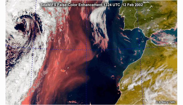 SeaWiFS false color dust enhancement off the east coast of Africa and the Iberian Peninsula