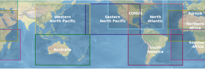 Map of globe with large-area, basin sectors highlighted