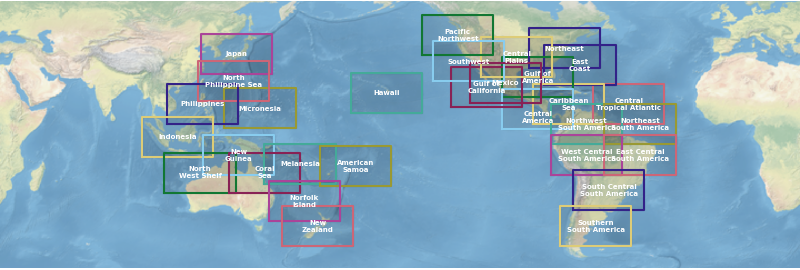 Map of globe with sub-region.sub-basin sectors highlighted
